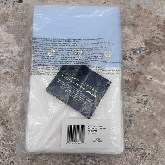 Ralph Lauren Organic‎ Cotton Sateen Border King Size 36" x 20" Sham, White/Blue - Picture 3 of 12